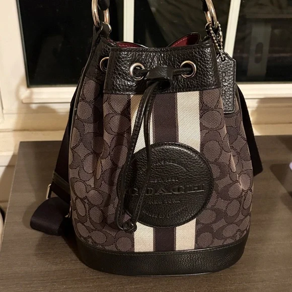 Coach Signature Jacquard Dempsey Stripe Black Smoke Gray and Black Bucket Bag - Picture 1 of 11